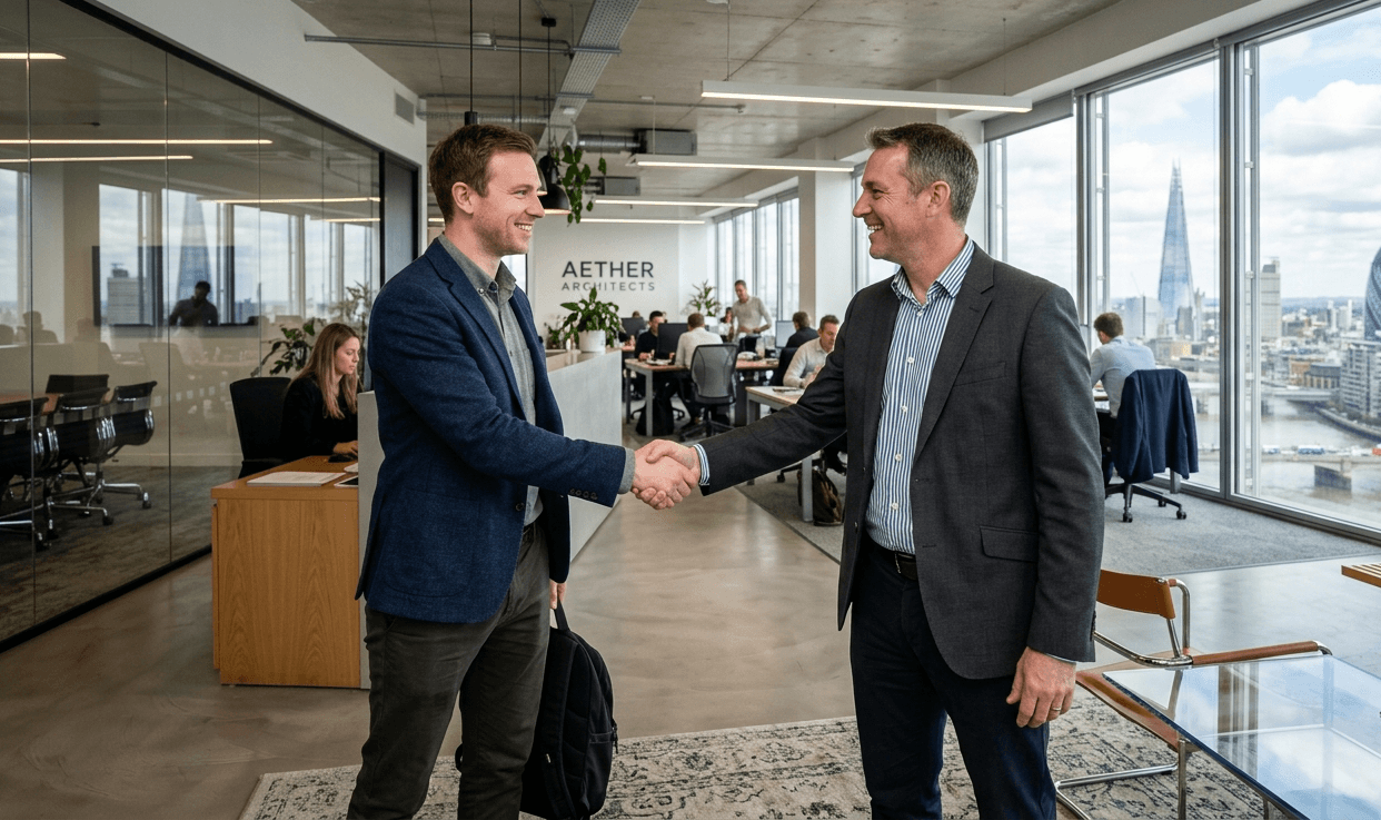 Recruiting professionals shaking hands across a conference table